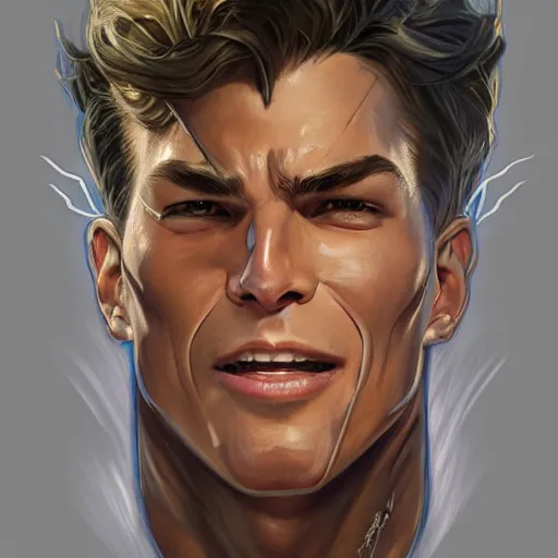 Prompt: character concept, portrait, symmetrical head - on centralized, laughing young man with strong body. detailed, high quality, dynamic lightning, fantasy, scenematic. artwork by artgerm, wlop, alex ross, greg rutknowski, alphonse mucha