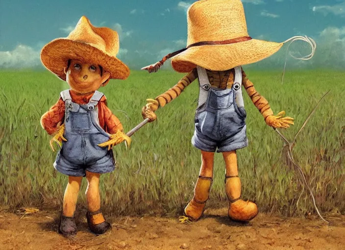 Image similar to a cute short scarecrow with a straw hat in overalls walking on a dirt road next to a large corn field, children's book by tom lovell, ross tran, terry redlin, jean baptiste monge