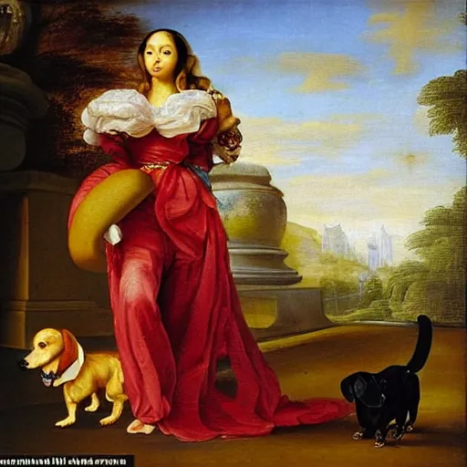 Image similar to nicki minaj walking a dachshund baroque oil painting