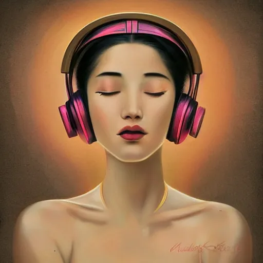 Image similar to intricate, amazing, art deco, retro vintage and romanticism, painting by natelle quek, soft color palette, highly detailed, godess with headphones from space sci - fi of ancient religion