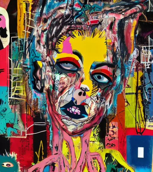Prompt: acrylic painting of a bizarre psychedelic woman in japan surrounded by nightmares, mixed media collage by basquiat and jackson pollock, maximalist magazine collage art, retro psychedelic illustration