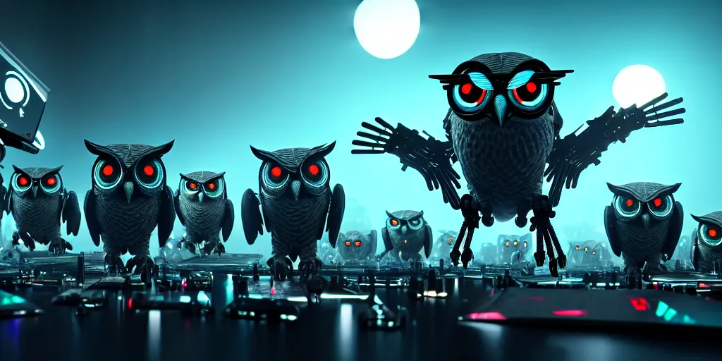 Image similar to an army of evil, malevolent, giant cyborg owls surrounded by computers and computer screens. this 4 k hd image is trending on artstation, featured on behance, well - rendered, extra crisp, features intricate detail and the style of unreal engine. volumetric lighting octane render