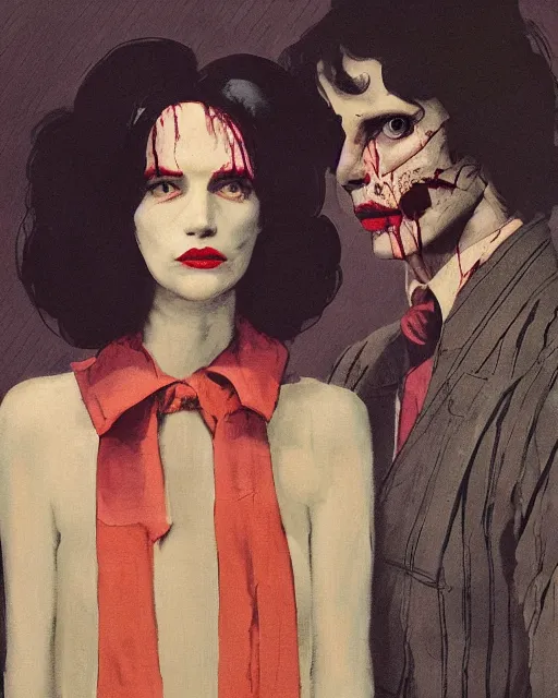 Image similar to a man and a woman who are beautiful but creepy, wearing vivienne westwood collars in layers of fear, with haunted eyes and dark hair, 1 9 7 0 s, seventies, wallpaper, a little blood, morning light showing injuries, delicate embellishments, painterly, offset printing technique, by brom, robert henri, walter popp