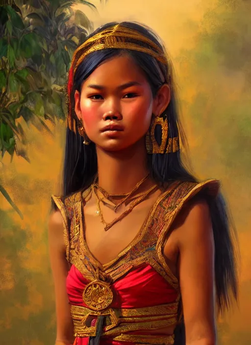 Image similar to portrait of a beautiful teen khmer ethnic cambodia, closeup portrait, historical, ethnic group, traditional costume, elegant, loin cloth, highly detailed, oil painting, artstation, concept art, matte, sharp focus, illustration, hearthstone, art by earl norem