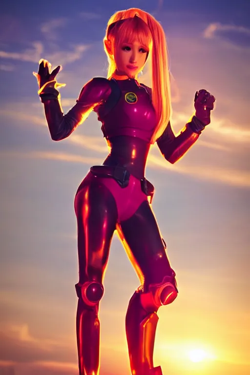 Image similar to Ariana Grande cosplaying as Samus Aran, golden hour, by greg Rutkowksi