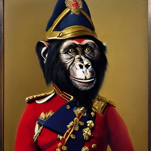 Image similar to An exquisite modern painting of a chimpanzee dressed like a bearded Napoleon with correct military uniform, no frames