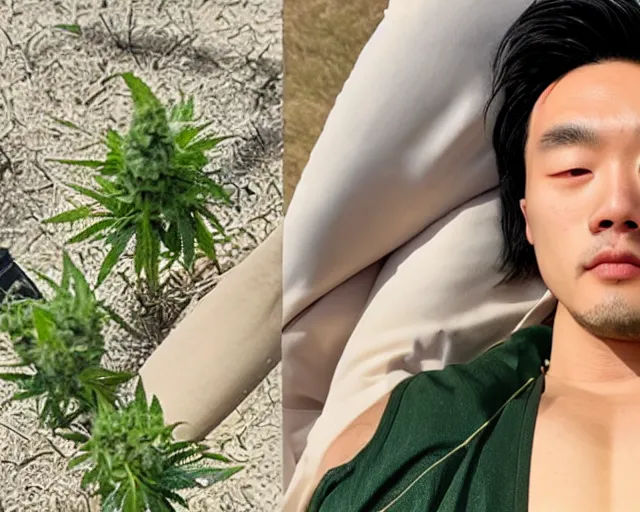 Image similar to mr chen smoke weed and meditate in the garden, he has dark black hair, young, detailed glad face, muscular chest, pregnant belly, golden hour closeup photo, tank top, eyes wide open, ymmm and that smell