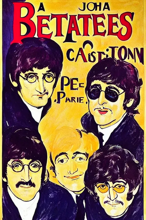 Image similar to a poster announcing a Beatles concert in a parisian cabaret depicting John Lennon, Paul Mccartney, George Harrrison and Ringo Starr, painting by Toulouse-Lautrec, high quality, masterpiece,