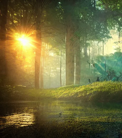 Image similar to symmetric daydreaming of the sun glare, fluidity dance of the blockchain sheets in the air, cyberpunk forest, majestic light, octane render, beauty fog, ethereal glare of the sun, raining rainbow, volumetric lighting, hyperealistic, epic, masterpiece