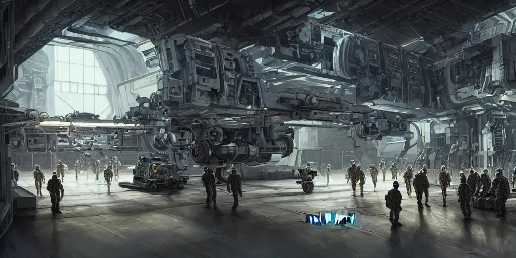 Prompt: an intricate concept art of a military crew inspecting a mechanical robot inside a megastructure facility,sci-fi, cinematic lighting, hyper realistic, art by dylan cole, detailed matte painting, digital art, scifi color palette