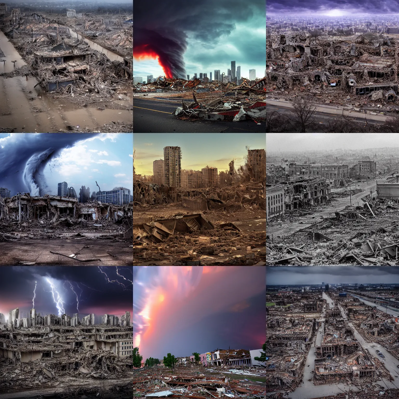 Prompt: photograph of a city destroyed by a horse tornado, 8 k resolution