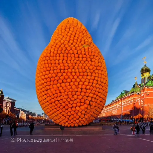 Image similar to symmetrical photo of giant mango sculpture on red square, super ariel wide shot, bokeh, golden hour