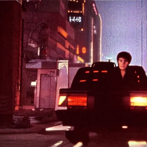 Image similar to at night, a white teenage girl with a pixie haircut in an oversized man's jacket catches a ride on the back of a truck as it drives towards the factory district : a still from a sci - fi dystopian cyberpunk film by steven spielberg from 1 9 8 0 s, shot on 3 5 mm film by janusz kaminski