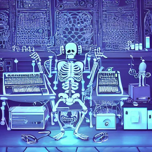 Image similar to skeletons with headphones playing synthesizers, honeycomb walls, D&D, lights, lasers, music, highly detailed, realistic, technology and magic,