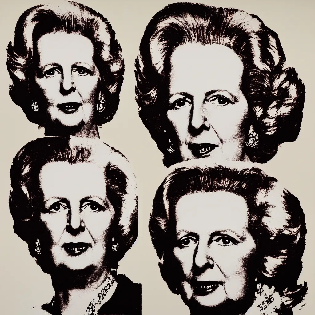 Prompt: individual silk screen portrait of margaret thatcher by andy warhol