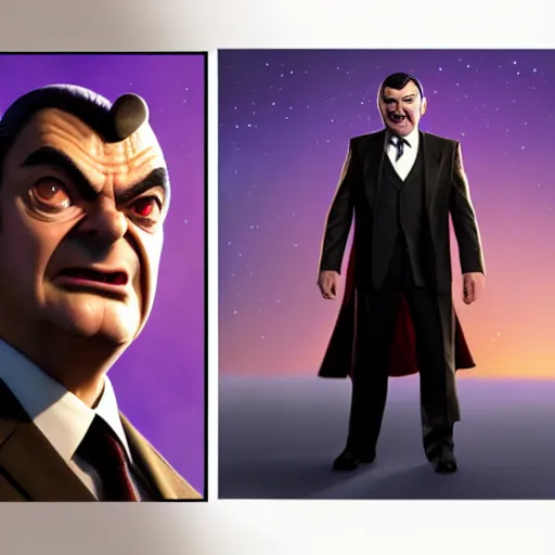 Image similar to mr. bean as thanos from the avengers movie. highly detailed digital painting, movie still. cinematic lighting.! dream mr. bean as thanos from the avengers movie. movie still. cinematic lighting.