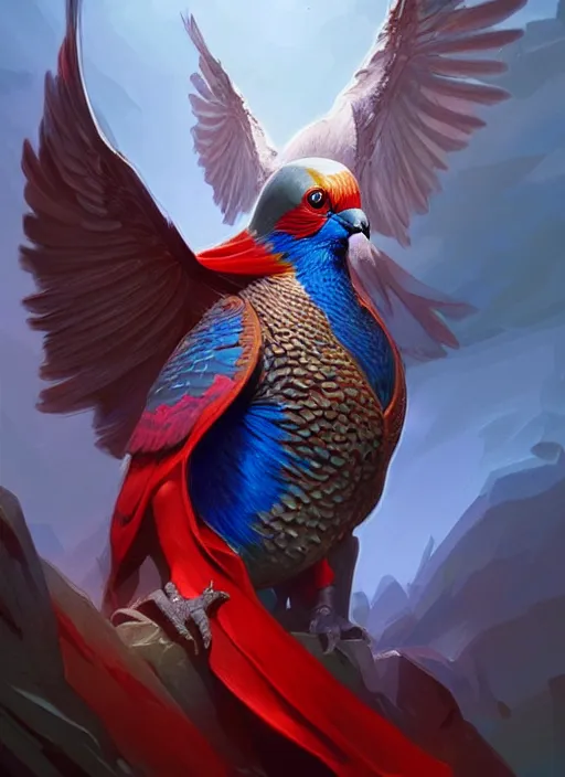 Image similar to portrait of aggressive pigeon, d & d, muscular! blue and red, fantasy, intricate, elegant, highly detailed, digital painting, artstation, concept art, smooth, sharp focus, illustration, art by artgerm and greg rutkowski and alphonse mucha