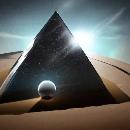 Prompt: an epic view of a giant glass obsidian pyramid rises out of the sand, surrounded by clouds, a giant disc shaped spaceship with a symbol of the knights templar hovers above, ufo, spaceship, dust, dramatic lighting, artstation