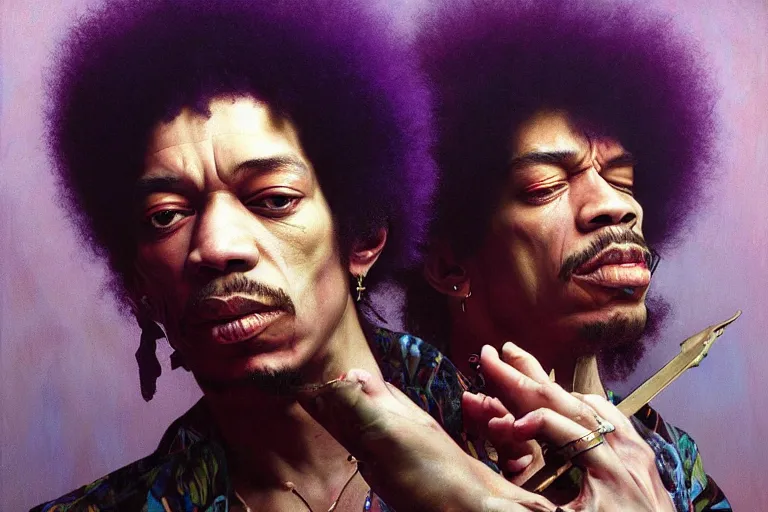 Image similar to A Weirdcore Mesmerizing 8k hyperrealistic Photo Portrait jimi hendrix transforming into a purple haze, soft, sharp focus, detailed, painted by Caravaggio, Greg rutkowski, Sachin Teng, Thomas Kindkade, Alphonse Mucha, Norman Rockwell, Tom Bagshaw