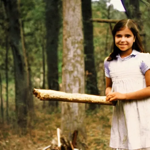 Image similar to a middle-school girl with short brown hair wearing a white dress and holding a bundle of firewood, high resolution film still