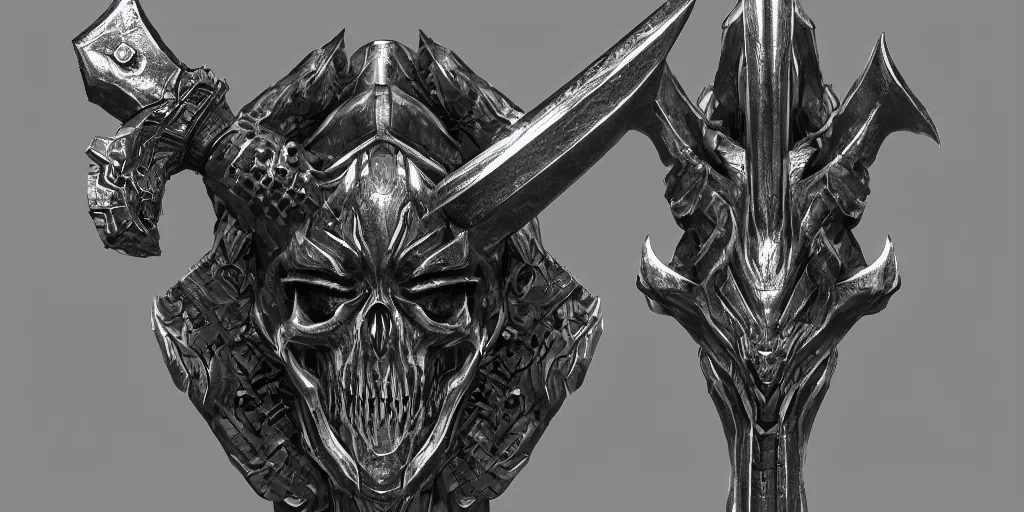 Image similar to a black and silver sword skull crest, orthographic, ornament, weapon, a 2 d render by dom qwek, front side, concept art, trending on polycount, artstation, hard surface modeling, rendered in maya, zbrush, hd, vray, blizzard, symmetry