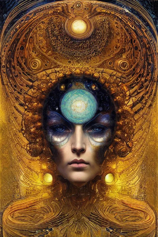 Prompt: Machinery of Fate by Karol Bak, Jean Deville, Gustav Klimt, and Vincent Van Gogh, otherworldly, fractal structures, ornate gilded medieval icon, third eye, spirals