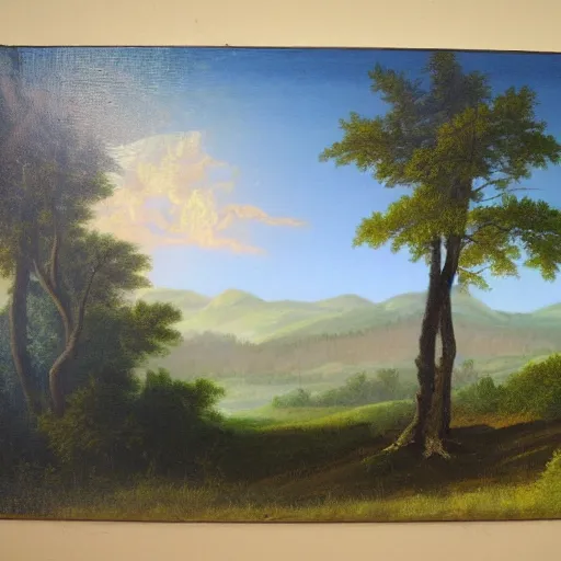 Prompt: forest and plains painting in the style of the Hudson River School