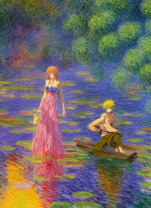 Image similar to a one piece scene, very anime, trending artwork, 4 k, anime painter studio, an impressionist style by claude monet