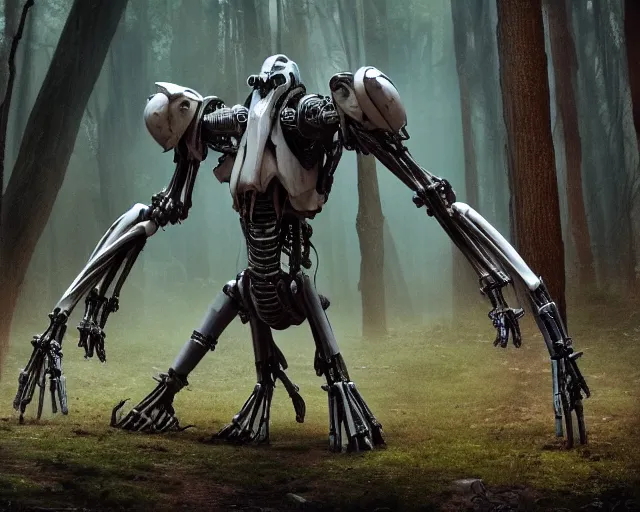 Prompt: photo of starwars general grievous with heavy duty biomechanical hydraulic cybernetic body and 4 arms holding unsheated lightsabers in the forest. cyberpunk horror style. highly detailed 8 k. intricate. nikon d 8 5 0 5 5 mm. award winning photography. art by hr giger
