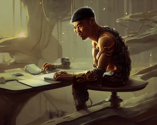 Image similar to an insanely detailed painting of an asian man wearing a homemade superhero costume, sitting at a desk, staring at the nervously at the computer and typing, in the style of peter mohrbacher, dramatic lighting and composition, surreal background, octane render, pixar, trending on artstation, concept art, comic book, view from behind