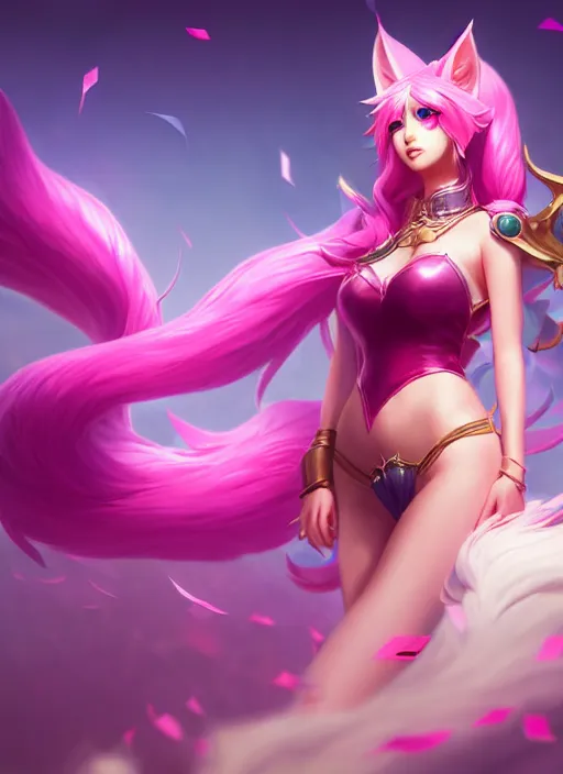 Image similar to ahri, from league of legends, pink heart skill, hyper detailed, digital art, trending in artstation, cinematic lighting, studio quality, smooth render, unreal engine 5 rendered, octane rendered, art style by klimt and nixeu and ian sprigger and wlop and krenz cushart