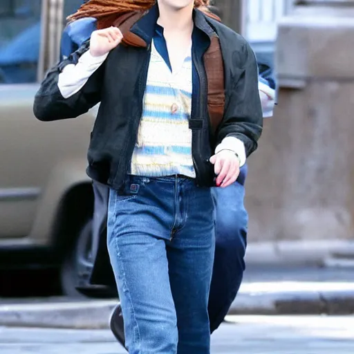 Prompt: emma watson wearing a berret, beautiful, street setting