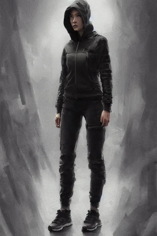 Image similar to A portrait of an attractive women wearing a techwear hoody by Greg Rutkowski, Sung Choi, Mitchell Mohrhauser, Maciej Kuciara, Johnson Ting, Maxim Verehin, Peter Konig, Resident evil , 8k photorealistic, cinematic lighting, HD, high details, dramatic, atmospheric , trending on artstation