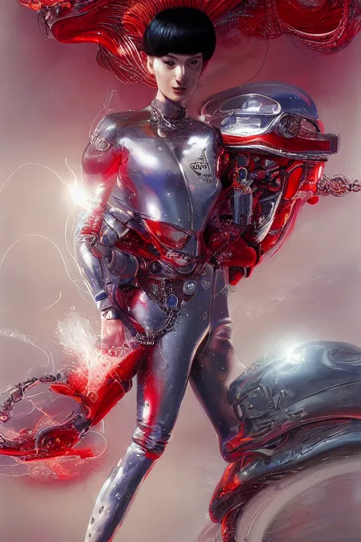 Prompt: Speed Racer, realistic and ultra intricate detailed soft painting, volumetric lighting, mist, chains and red fluid background, artstation, Tom Bagshaw Yasushi Nirasawa Moebius artstyle, unreal render, depth of field