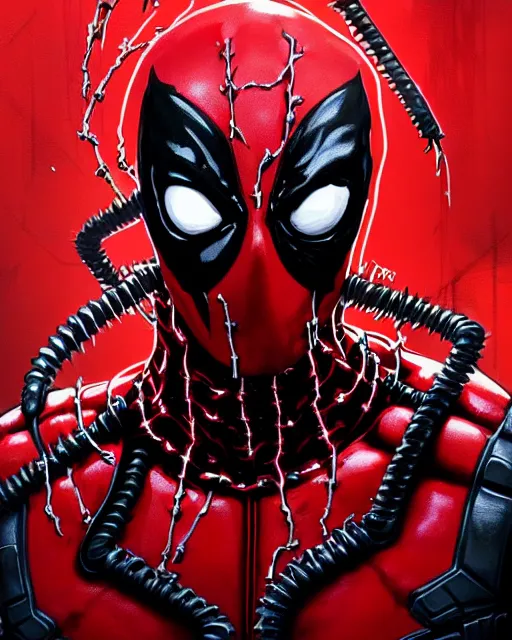 Image similar to highly detailed closeup portrait of a cyborg carnage symbiote in deadpool suit with carnages face, by greg rutkowski, by greg tocchini, by james gilleard, by kaethe butcher, gradient in red, black, crimson and grey color scheme,'grunge aesthetic '!!!