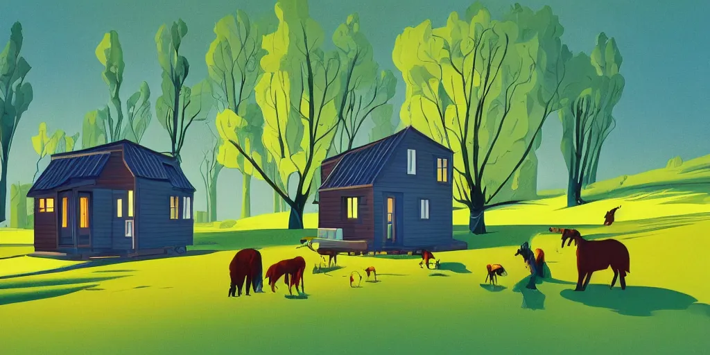 Prompt: tiny house in a small regenerative farm, gouache, animated film, stylised, illustration, by eyvind earle, scott wills, genndy tartakovski, syd mead