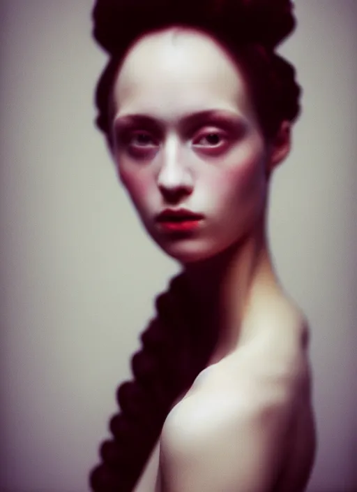 Image similar to kodak portra 4 0 0 photo portrait of a beautiful woman, sub surface scattering, hair baroque hair style, fineart in style of paolo roversi, 5 0 mm lens, sharp focus, head in focus, soft blur matt, volumetric lighting