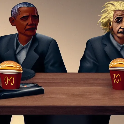 Image similar to Einstein and Obama sitting at McDonalds, ultra detailed, photorealistic, dramatic lighting