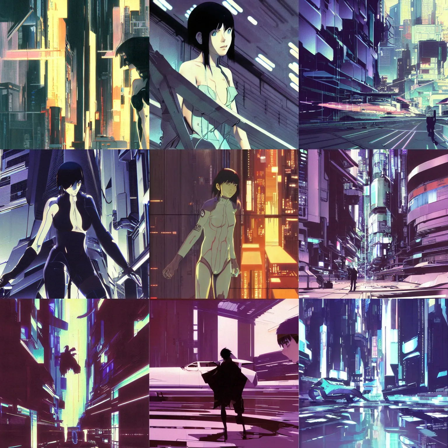 Prompt: glitch ghost in the shell lain by makoto shinkai concept art by syd mead