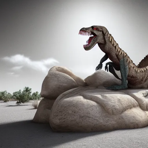 Image similar to jesus riding a trex in the desert. concept art