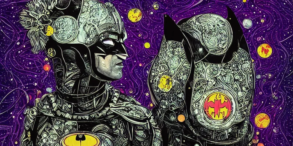 Image similar to disco diffusion portrait of batman, on the moon : : cosmic tarot card, intricate fractal details, broken reality, fanciful floral mandelbulb, black paper, style of wes anderson