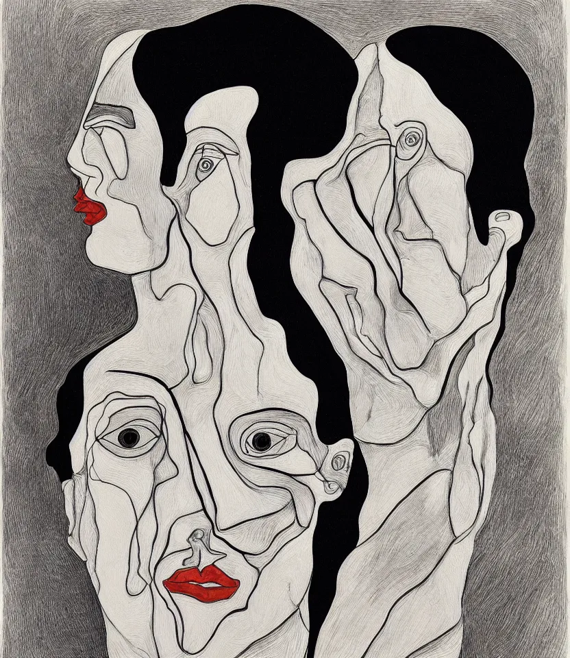 Prompt: detailed line art portrait of georgia o'keeffe, inspired by egon schiele. caricatural, minimalist, bold contour lines, musicality, soft twirls curls and curves, confident personality, raw emotion