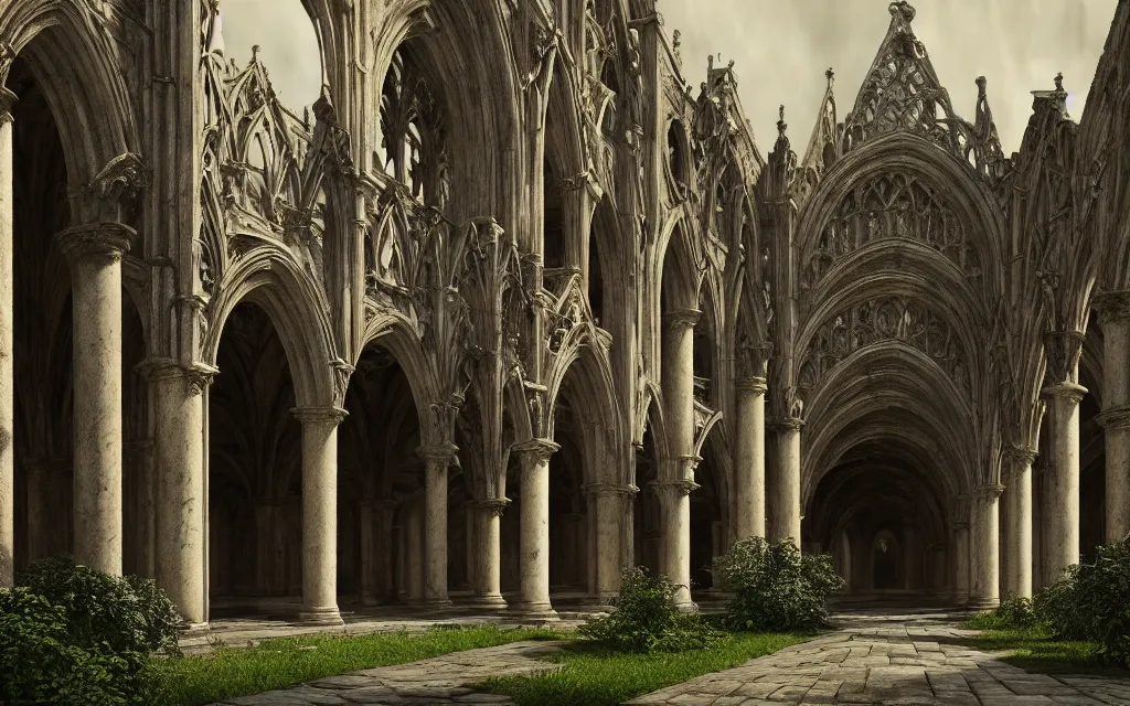 Prompt: cloister of a gothic abbey surrounded by arches, stone columns, bushes, a well, fog, gloomy atmosphere, highly detailed, cinematic lighting, perfect composition, 4 k, gustave dore, derek zabrocki, greg rutkowski, belsinski, octane render