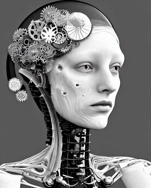 Image similar to black and white dreamy foggy smoky profile face portrait, one silver steampunk realistic eye biomechanical beautiful young female cyclope - cyborg - robot bust, body ribs meshes,, volumetric light, hibiscus flowers, by hg giger, rim light, by dora maar and cecile beaton, big gothic fashion pearl embroidered collar, 8 k