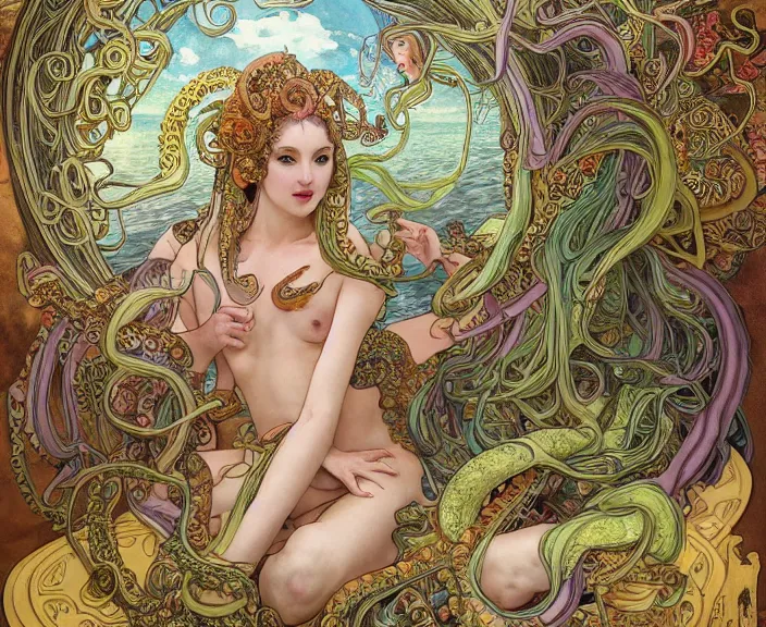 Image similar to portrait of an octopus goddess, full body shot, rule of thirds, wide angle, amazing landscape in background, fantasy, whimsical, horror, art by chengwei pan and alphonse mucha and josephine wall and amanda sage, intricately detailed, highly detailed, luxurious, elegant, clean, unsettling, trending on artstation