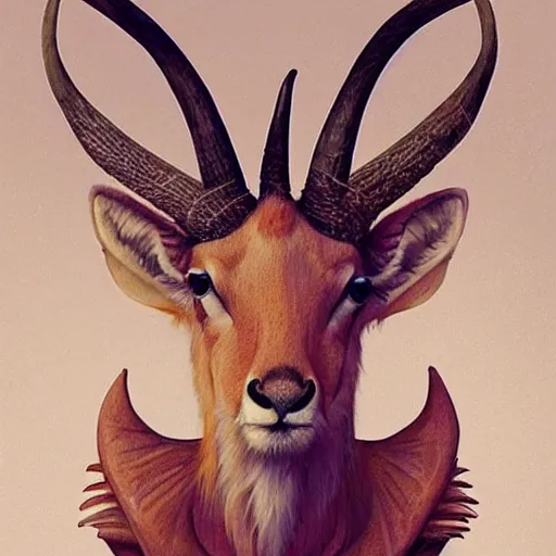 Image similar to “Antelope taxidermy mount that has come to life, happy character, fantastical beast, creature, D&D, fantasy, intricate, cinematic lighting, highly detailed, digital painting, artstation, concept art, smooth, sharp focus, illustration, art by Artgerm and Greg Rutkowski and Alphonse Mucha”