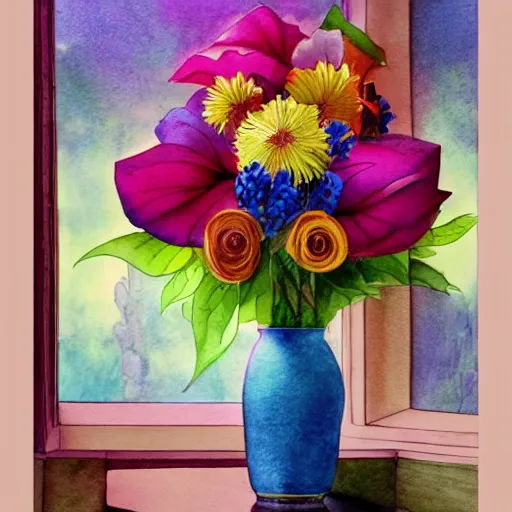 Image similar to a fancy vase with a colorful and beautiful flower arrangement by the fancy window. very stylize and delicate watercolor and pencil drawing. 3 d. beautiful lighting, 4 k post - processing, trending in art station, cg society, highly detailed, 5 k extremely detailed