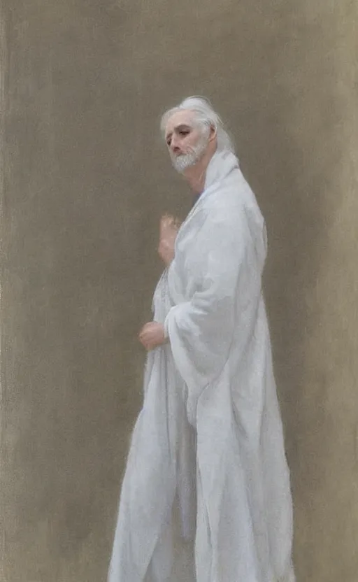 Prompt: say who is this with silver hair so pale and wan! and thin? flowing hair covering front of body, white robe, white dress!! of silver hair, covered!!, clothed!! lucien levy - dhurmer, fernand keller, oil on canvas, 1 8 9 6, 4 k resolution, aesthetic, mystery