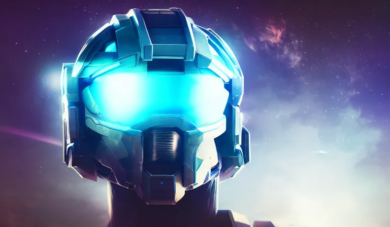 Image similar to cyberpunk halo helmet floating in space with light reflection, close shot, 8k, cinematic, epic, ultra detailed, award winning, trending on artstationHD, dramatic