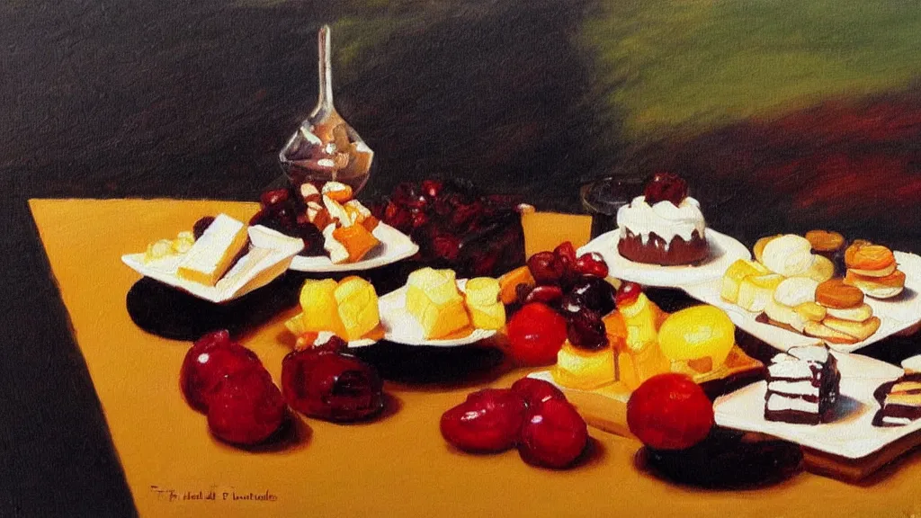 Prompt: table filled with dessert and gods Wayne Thibaud detailed oil painting color block